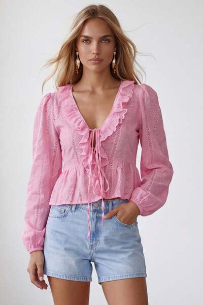 Trend Alaçatı Stili Women's Pink Ruffle Detailed Lace-Up Front Guipure Blouse...