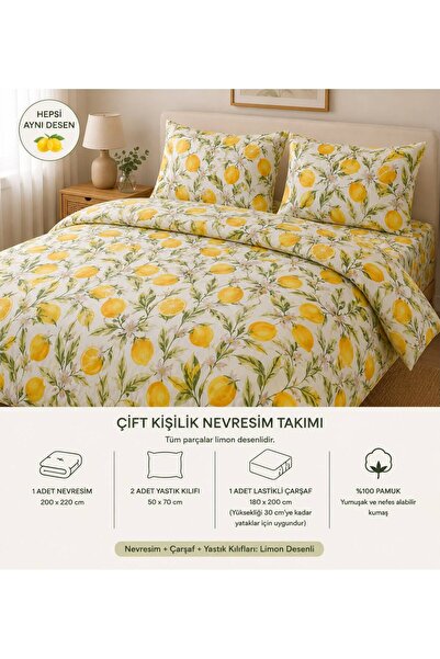 VODDİ Limon Desenli | Çift Kişilik Nevresim Takımı | Çarşafı Lastikli 180x200...