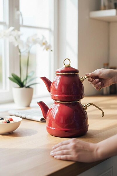 ALBETTO Retro Enamel Teapot Set Shiny Burgundy Gold Handle