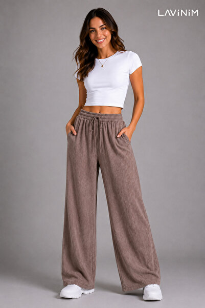 LAVİNİM Women's Denim Detailed Linen Blend Loose Leg Comfortable Summer Trousers