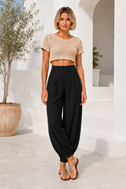 WOMAN VISION Women’s Black High Waist Pleated Crepe Balloon Pants Pocketless ...
