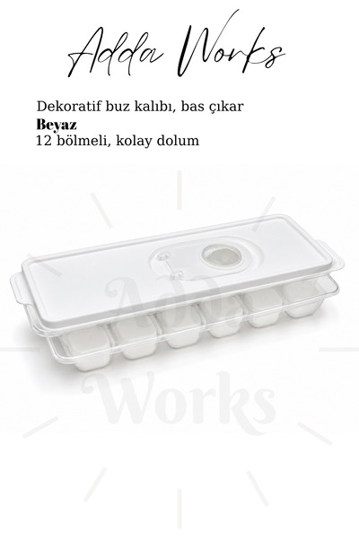 Adda Works Kapaklı Silikon Buz Kalıbı, 12 Gözlü Bas Çıkar Buz Küpü Kalıbı, Şe...