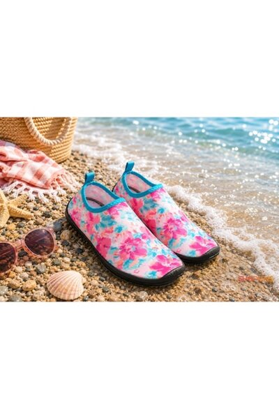 SHOPIENS Pantofi de apă pentru femei, cu model floral roz-albastru, talpă ant...