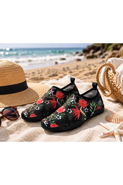SHOPIENS Pantofi de apă pentru femei, negri cu imprimeu floral, pentru mare, ...