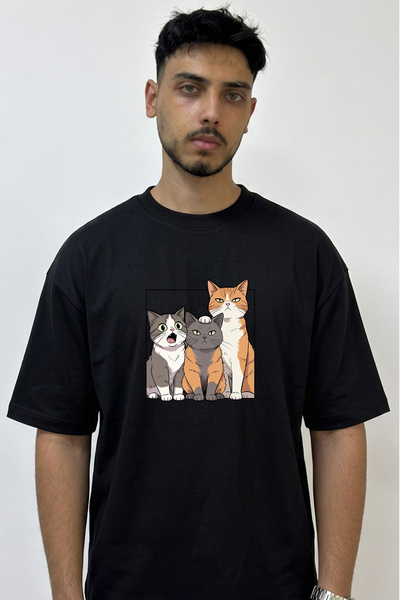 Anetos Anime Cats dizajn, štampana oversize crna majica