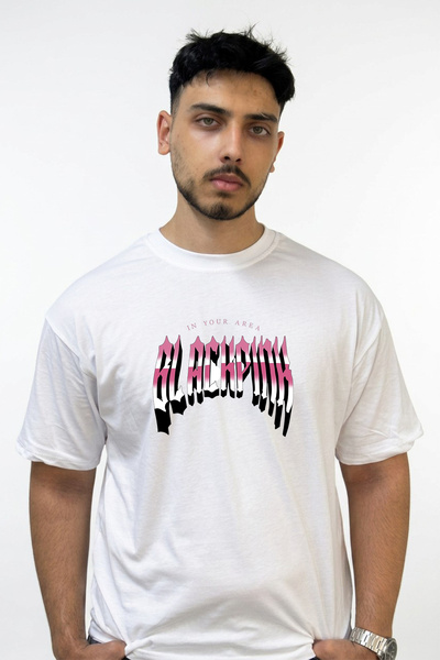 Anetos BLACKPINK_6 Λευκό μπλουζάκι με στάμπα σχεδίου και oversized εφαρμογή