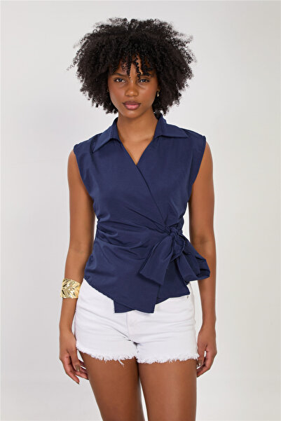 BARRELS AND OIL Women's Double-Breasted Collar Side-Tie Sleeveless Shirt - Na...
