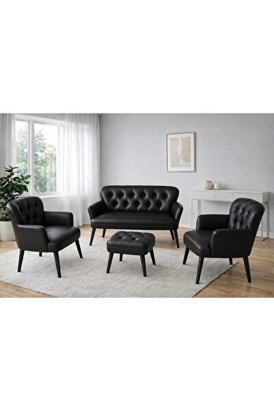 İdeal home deri kollu koltuk takımı 2+1+1+puf ahşap ayak siyah