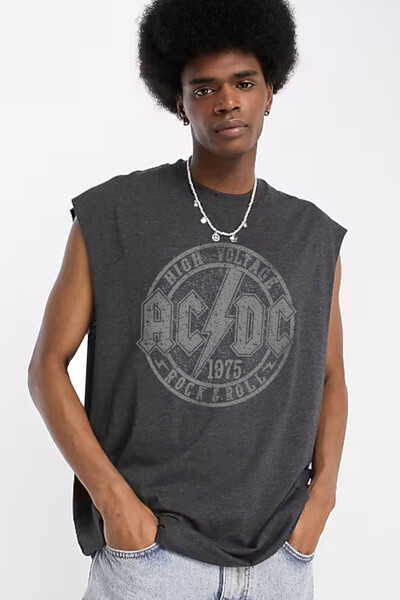 ROCKANDROLL Acdc Cut Sleeve / Sleeveless Anthracite Oversize T-Shirt in the C...