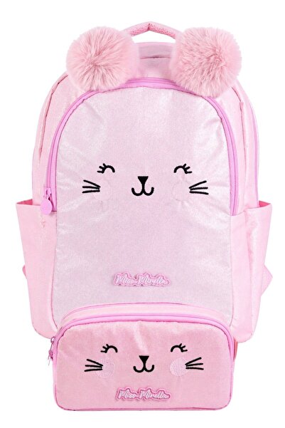 Miss Mirella Double School Bag and Pencil Case Set Pink (Cat Printed) Girls -...