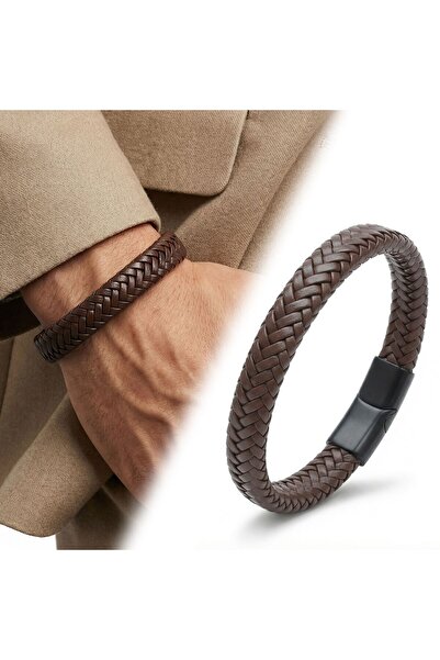 OGHAMAY Brown Leather Braided Bracelet with Zamak Lock 18393B4D5Z