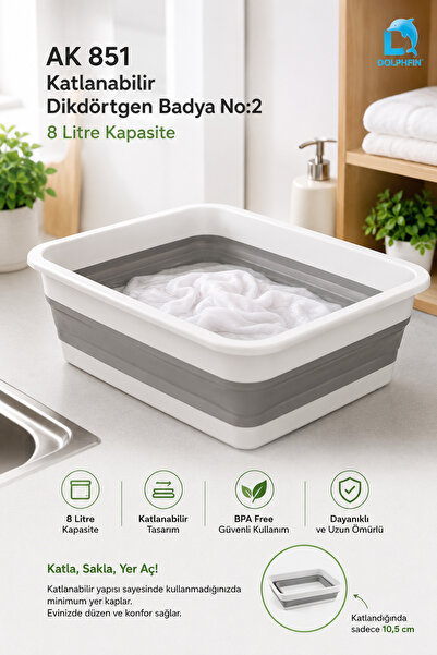 DolphFin Katlanır Dikdörtgen Badya 8 Litre Pratik Yer Kaplamayan Leğen Çamaşı...