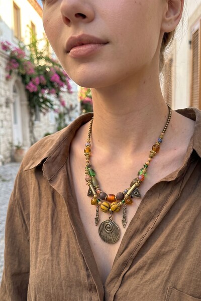 bacc Earth Tone Ethnic Patterned Double Row Beads and Stone Handmade Bohemian...
