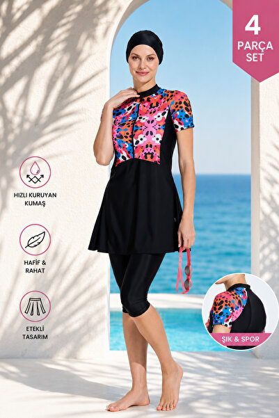 İYİBU Short Sleeve Semi-Closed Hijab Swimsuit Set 4 Pieces with Skirt and Zipper