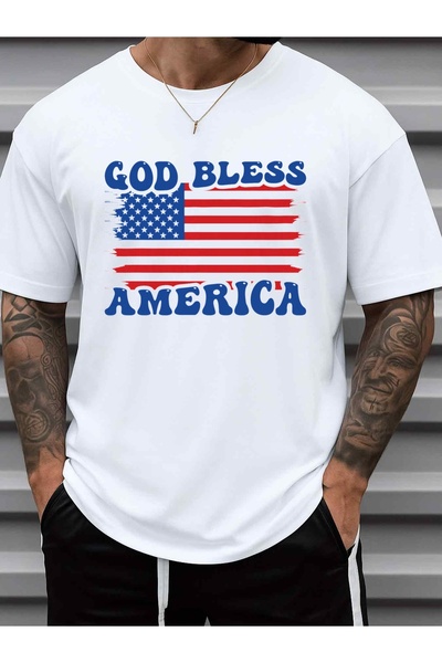 1001moda قميص رجالي بطباعة "God Bless America" - 100% قطن 180 جرام، أكمام قصي...