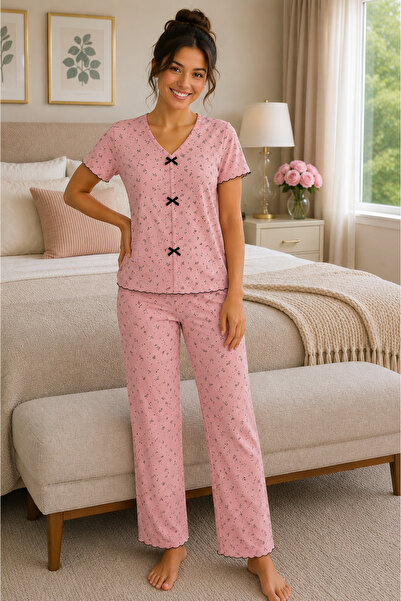 FMS Tiny Patterned Bowknot Pajama Set Pink
