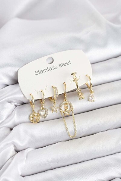 Inure Jewelry 316L Steel Gold Color Zircon Stone Chain Detailed Women's Earri...