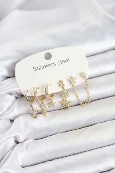 Inure Jewelry 316L Steel Gold Color Zircon Stone Star Detailed Chain Model Wo...