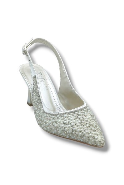 Defne 801-26 Satin Thin Heel Women's Stiletto with Pearls and Stones