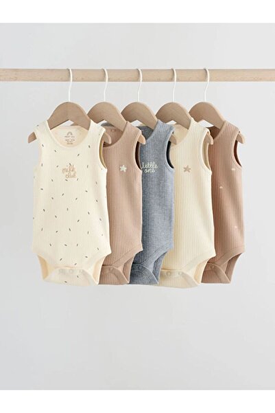 Next Baby Cotton Cream Brown Sleeveless 5-Piece Bodysuit Set
