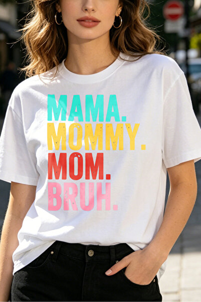 Fleck Womens T Shirts Mama Mommy Mom Bruh Colorful Text Graphic Casual Street...