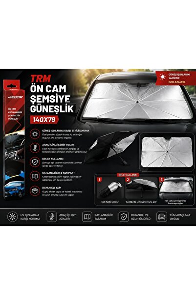 PASPRO OTOMOTİV TRM Ön Cam Şemsiye Güneşlik 140x79 cm Katlanabilir Metalize A...