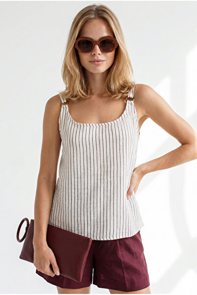 Olalook Women's Burgundy Ring Accessory Striped Muslin Bell Blouse Blz-19002958