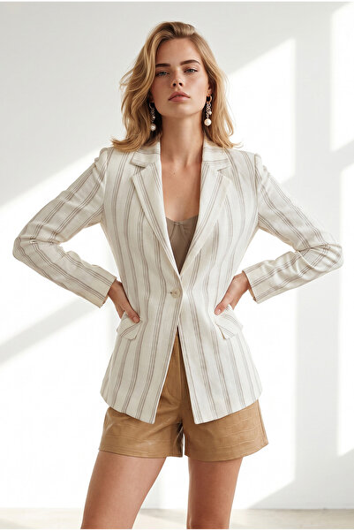 Olalook Women's Ecru Striped Lined Linen Blazer Jacket Ckt-19000535
