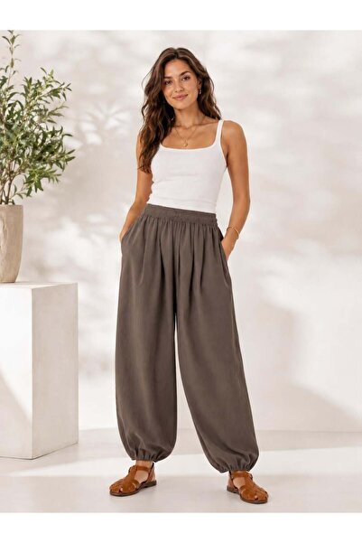 aguaje A60066 Beli Lastikli Şalvar Pantolon / KAHVE