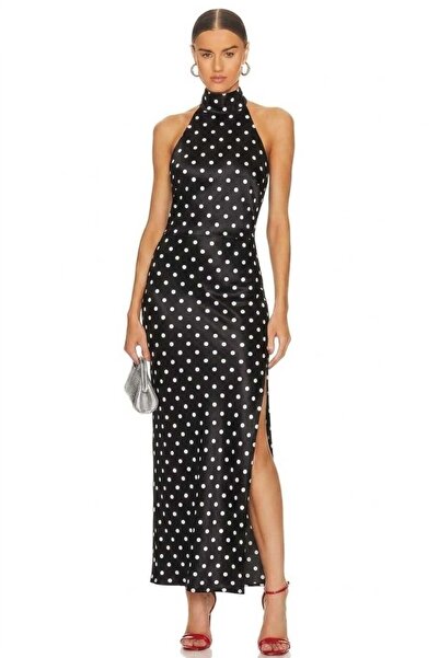 AFR CLOTHES Women's Black and White Polka Dot Satin Fabric Maxi Slit Dress-Ev...