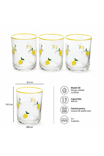 OEM Σετ 3 Γυάλινα Ποτήρια 400 ml με Σχέδια