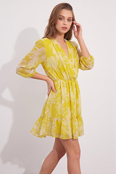 NEW JOURNAL Women's Yellow Double Breasted Collar Patterned Mini Dress Nj172