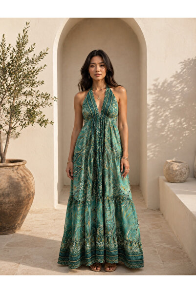 laviyonsa Authentic Long Green Silk Dress with Ethnic Patterns
