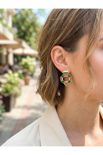 MuseumofYou Vip Earrings, Green Enamel Detailed Baguette Zircon Stone Geometr...