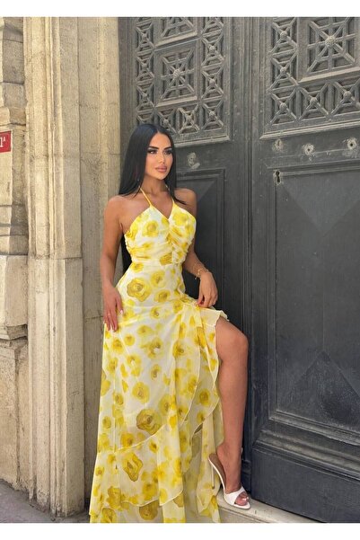NEW JOURNAL Kadın Sarı Asimetrik Fırfırlı Şifon Maxi Elbise YEL221721