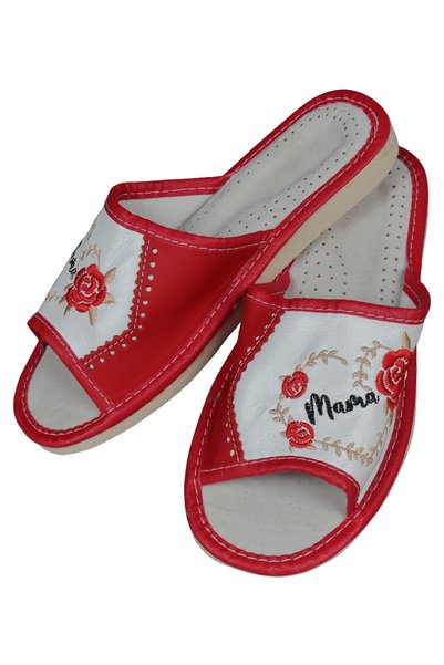 LimArt Papuci de casa dama, din piele naturala, cu broderie florala "Mama", r...