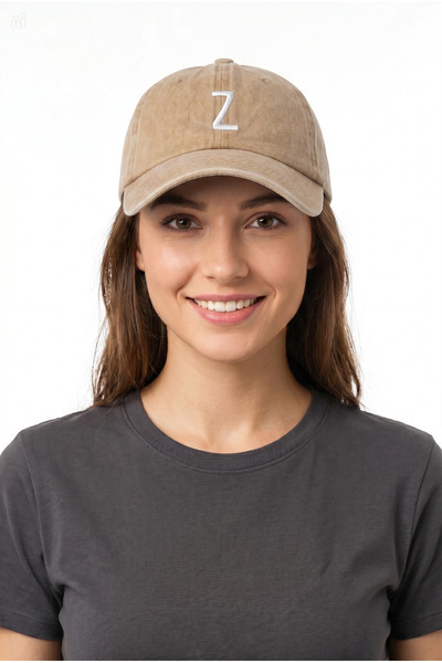 ŞapkaMania Beige Embroidered Washable Vintage Unisex Hat with Letter Z