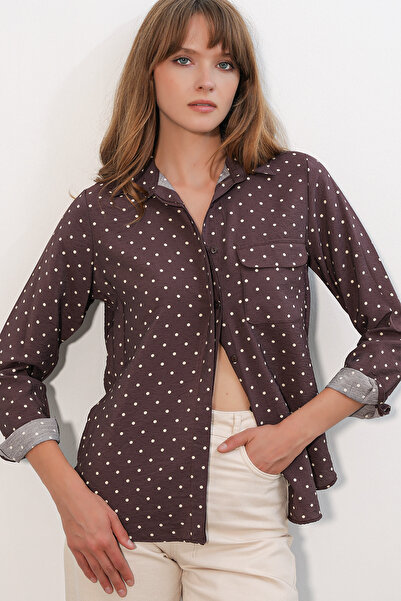 Merterium Women's Single Pocket Polka Dot Oversize Shirt 1539 - Brown