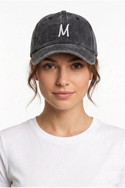 ŞapkaMania Black Embroidered Washable Vintage Unisex Hat with Letter m