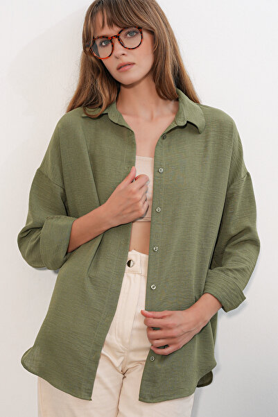 Merterium Women's Oversize Linen Shirt 1538 - Khaki