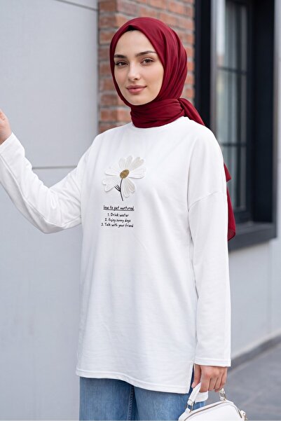 Modamorfo Floral Embroidered Crew Neck Combed Cotton Tunic -White