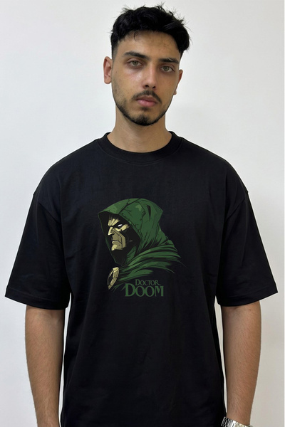 Anetos تي شيرت أسود كبير الحجم مطبوع بتصميم Doctor Doom_1