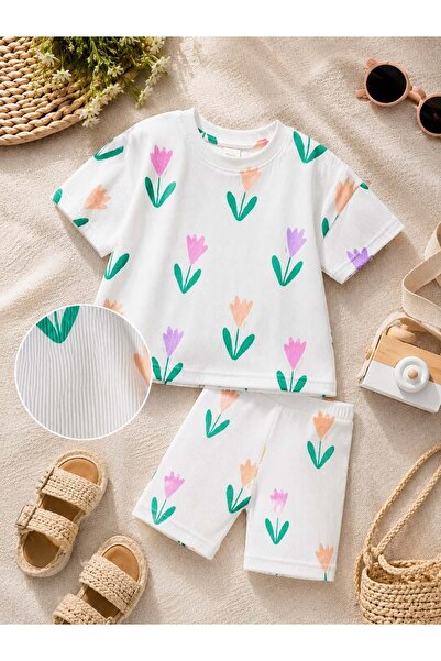 Lolliboomkids Girl's Tulip Patterned T-Shirt Ribbed Biker Leggings Top and Bo...