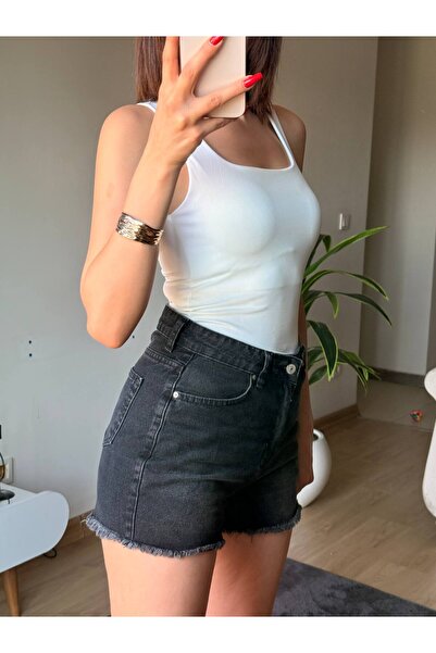 path-y homewear&sportwear Kadın Yüksek Bel Kot Şort Yırtık Detaylı Jean Şort