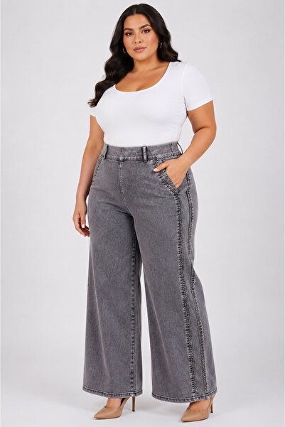 ZANESSİ FASHION Plus Size Akar Fabric High Waist Stoned Wide Leg Women's Trou...