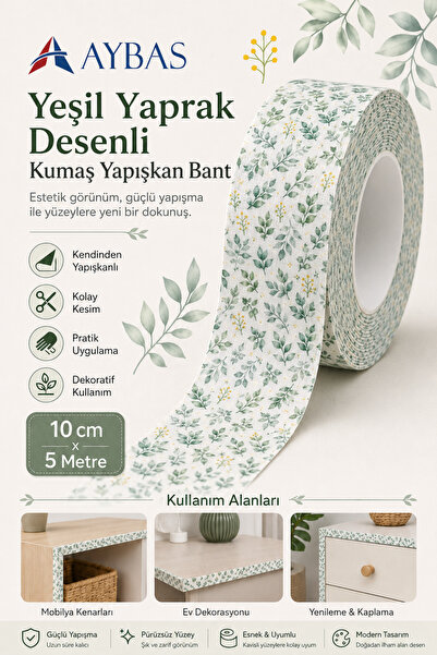 Aybas 10 cm x 5 Metre Yeşil Yaprak Desenli Yapışkanlı Kumaş Bant – Kendinden ...