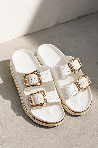 Akınal Bella White Stylish Stoned Gold Detailed Women's Slippers with Double ...