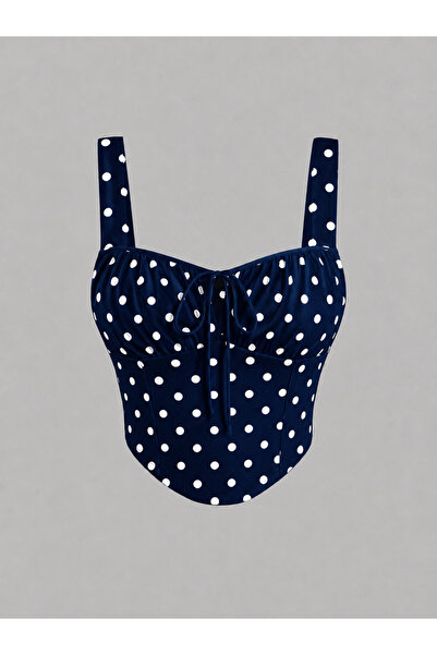 Wild Flower Polka Dot Patterned Chest-Cut Wide Strap Top Blouse