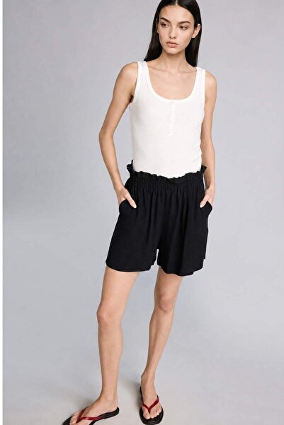 DeFacto High Waist Short Leg Wrinkled Textured Viscose Black Shorts H7844Ax26Sm