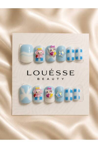 Louesse Beauty Takma Tırnak 3D Kore Kawaii Tavşan Pembe Mavi Press On Nail